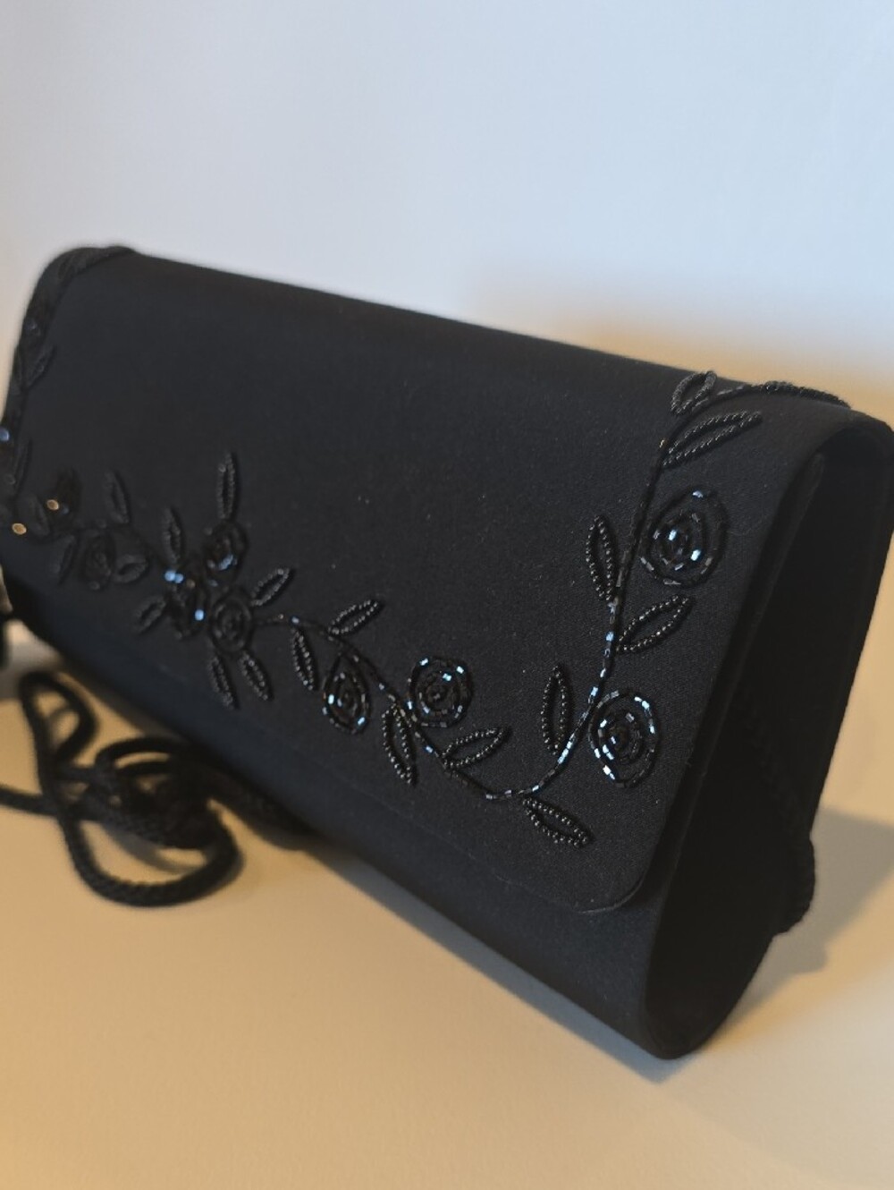 Valerie Stevens Elegant Black Beaded Floral Clutch Shoulder Bag